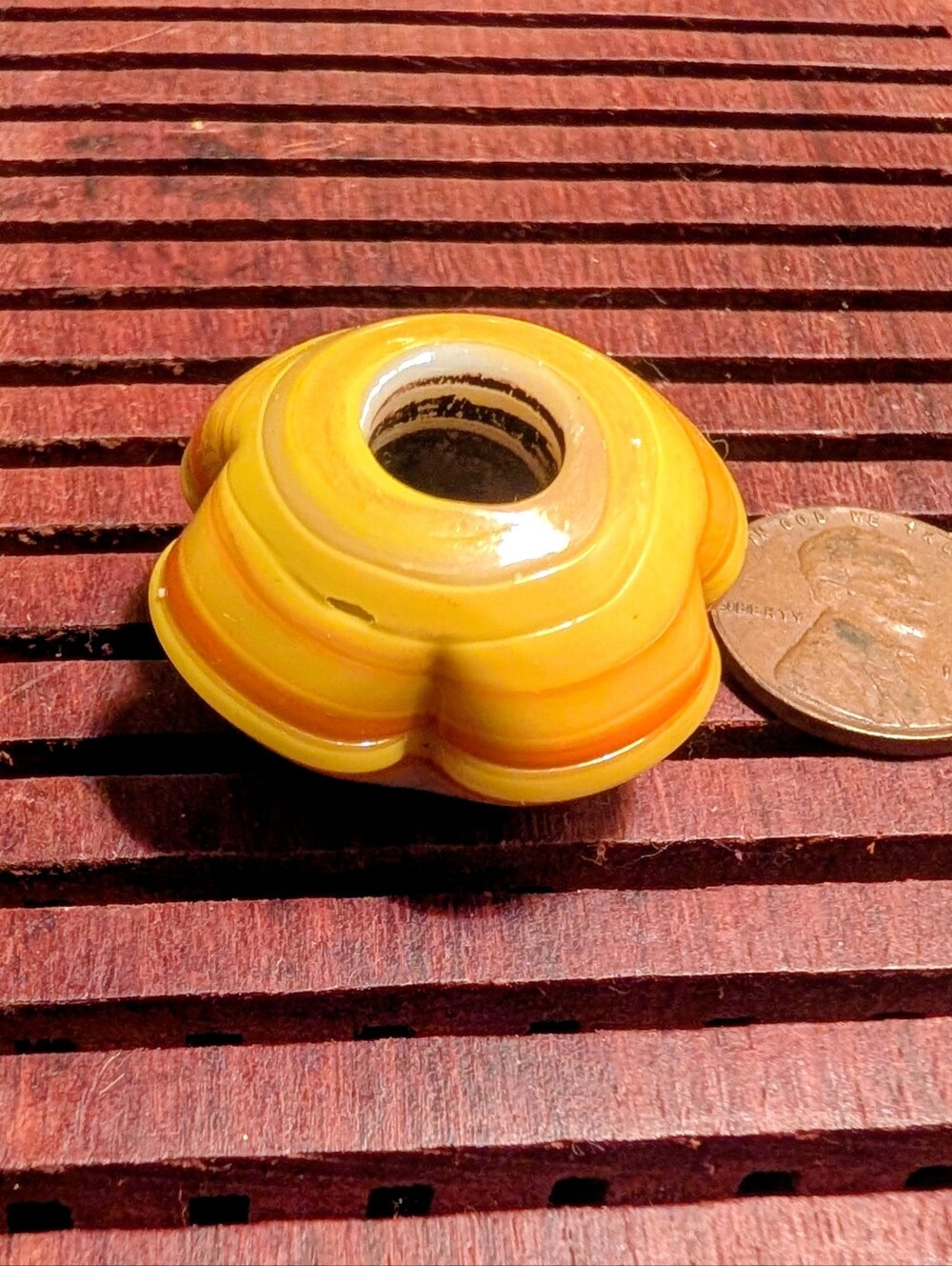 Vintage Large Yellow Orange White Floral Ceramic Macrame Bead